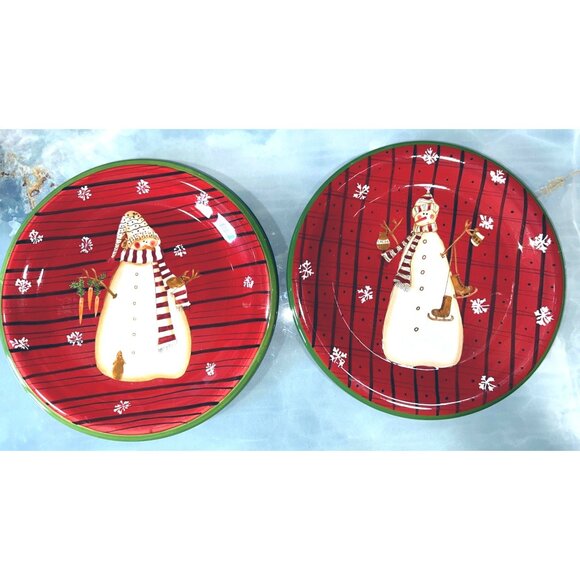Noble Excellence Snowmates Holiday Plate Set Snowman Design Earthenware Red Gree - Picture 5 of 9